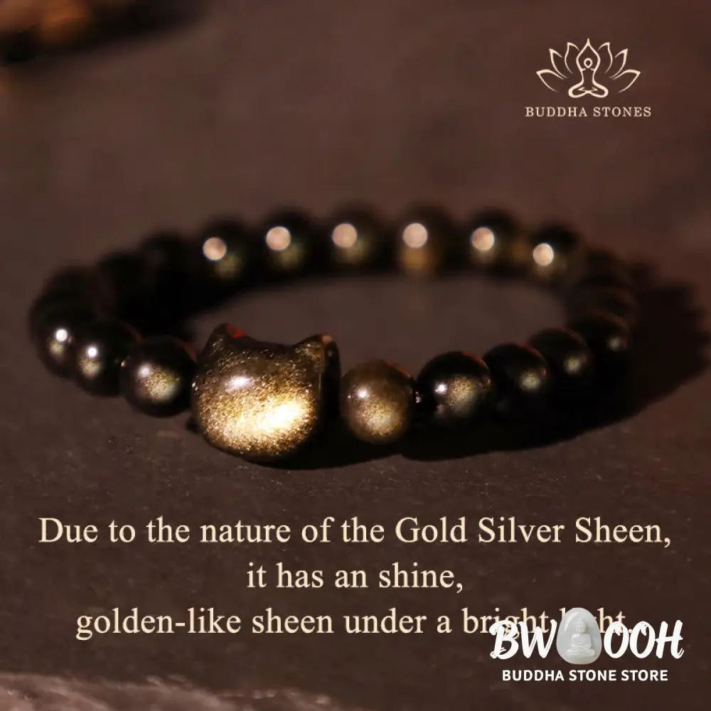 Buddha Stones Gold Sheen Obsidian Silver Sheen Obsidian Lovely Paw Lucky Cat Protection Bracelet - BWOOOH - Bracelet