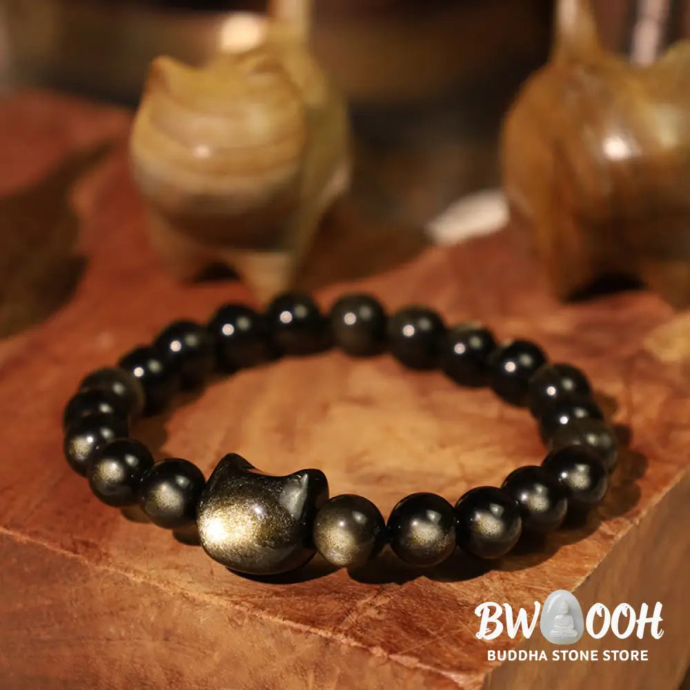 Buddha Stones Gold Sheen Obsidian Silver Sheen Obsidian Lovely Paw Lucky Cat Protection Bracelet - BWOOOH - Bracelet