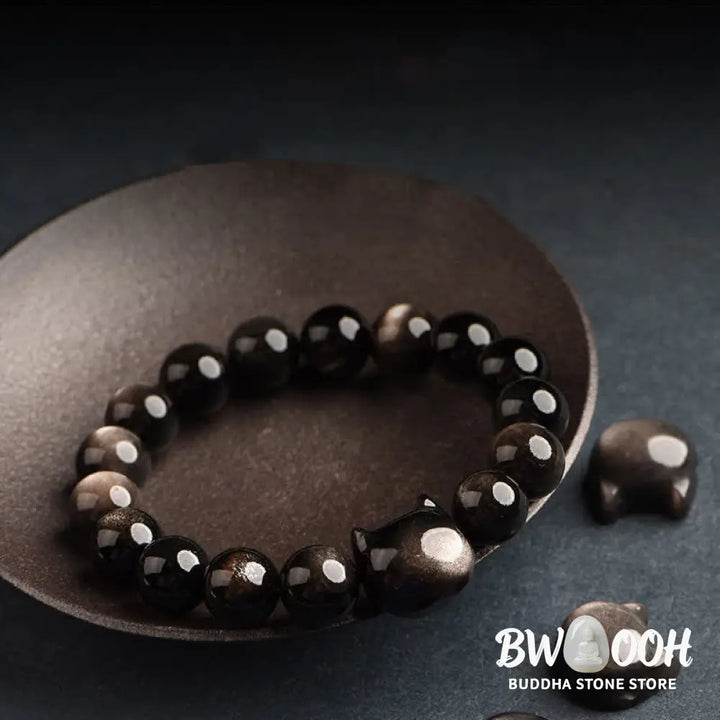 Buddha Stones Gold Sheen Obsidian Silver Sheen Obsidian Lovely Paw Lucky Cat Protection Bracelet - BWOOOH - Bracelet