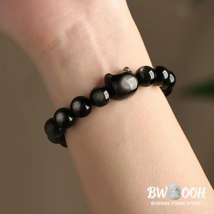 Buddha Stones Gold Sheen Obsidian Silver Sheen Obsidian Lovely Paw Lucky Cat Protection Bracelet - BWOOOH - Bracelet