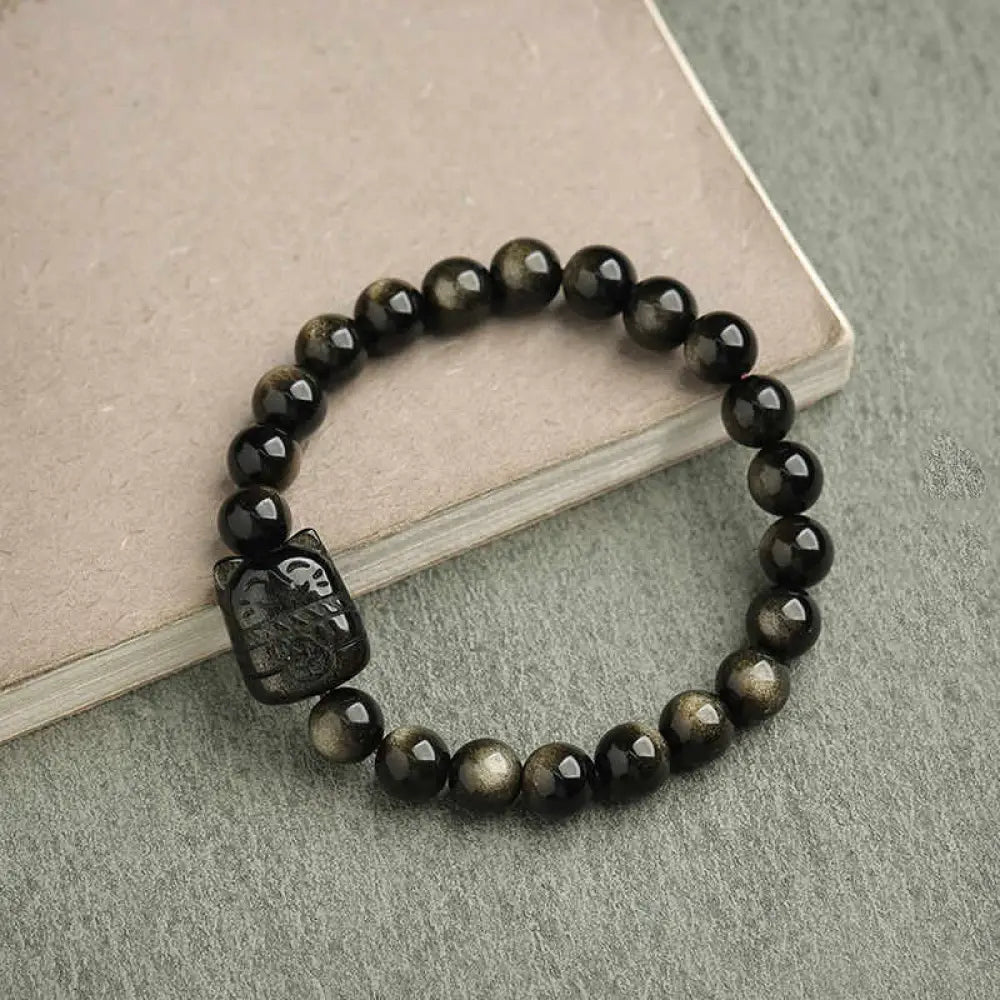 Buddha Stones Gold Sheen Obsidian Silver Sheen Obsidian Lovely Paw Lucky Cat Protection Bracelet - BWOOOH - Gold Sheen
