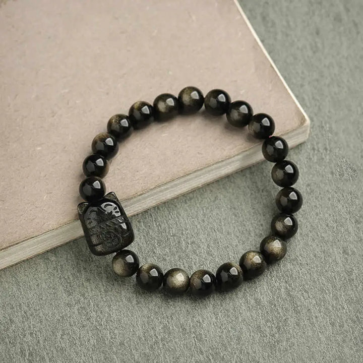 Buddha Stones Gold Sheen Obsidian Silver Sheen Obsidian Lovely Paw Lucky Cat Protection Bracelet - BWOOOH - Gold Sheen