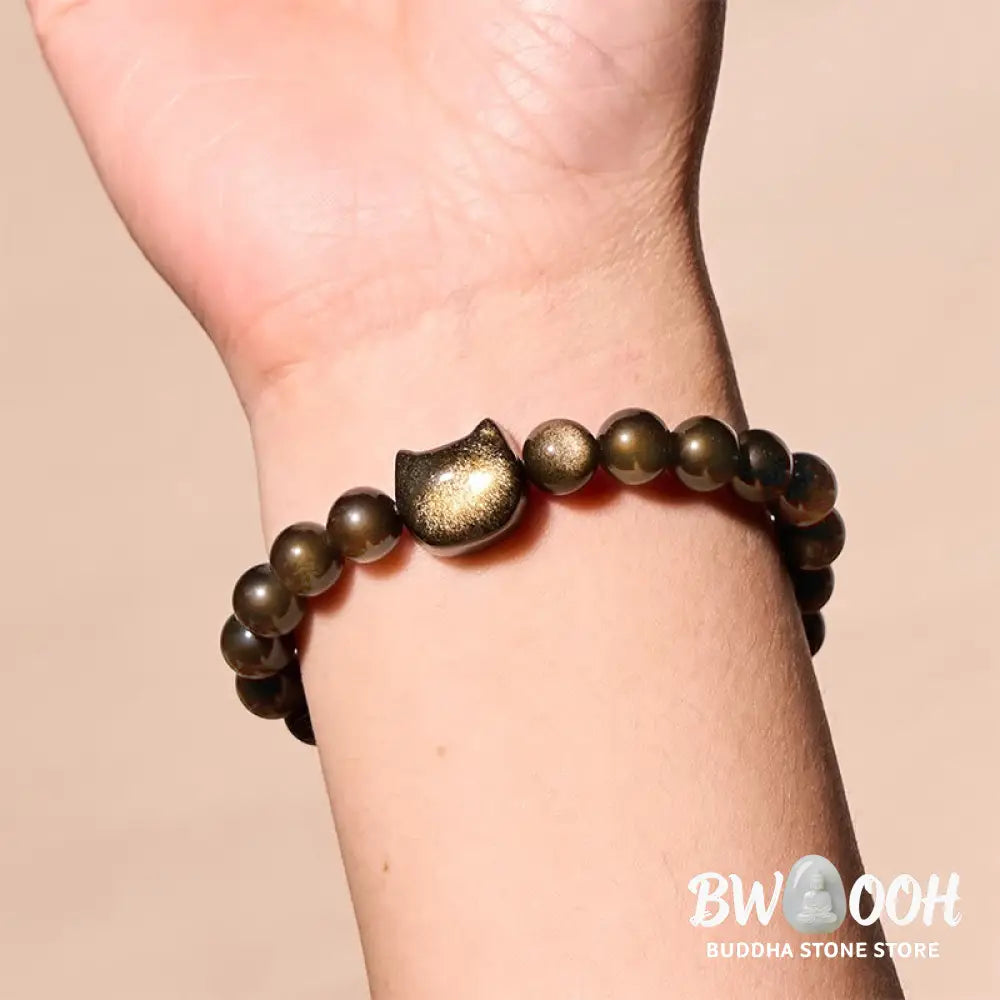 Buddha Stones Gold Sheen Obsidian Silver Sheen Obsidian Lovely Paw Lucky Cat Protection Bracelet - BWOOOH - Bracelet