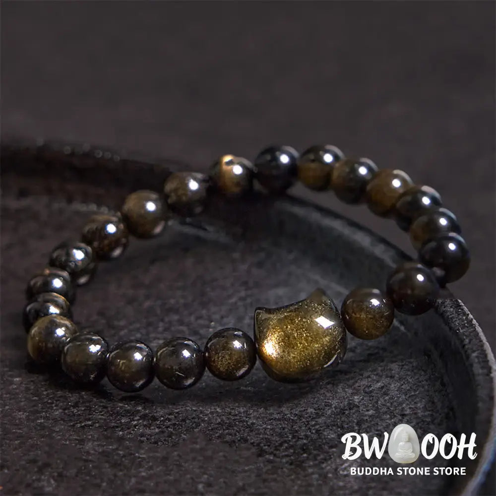 Buddha Stones Gold Sheen Obsidian Silver Sheen Obsidian Lovely Paw Lucky Cat Protection Bracelet - BWOOOH - Bracelet