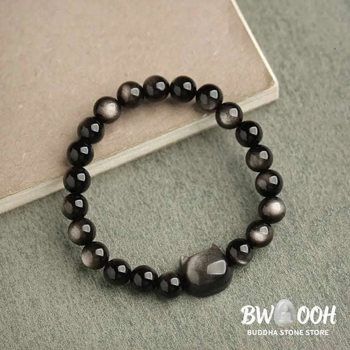 Buddha Stones Gold Sheen Obsidian Silver Sheen Obsidian Lovely Paw Lucky Cat Protection Bracelet - BWOOOH - Bracelet