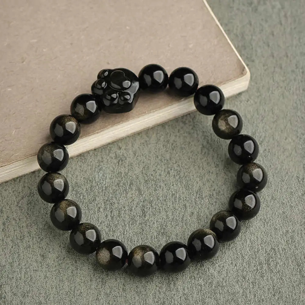Buddha Stones Gold Sheen Obsidian Silver Sheen Obsidian Lovely Paw Lucky Cat Protection Bracelet - BWOOOH - Gold Sheen