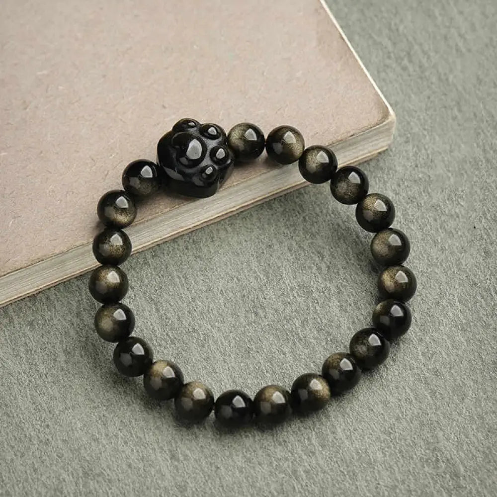 Buddha Stones Gold Sheen Obsidian Silver Sheen Obsidian Lovely Paw Lucky Cat Protection Bracelet - BWOOOH - Gold Sheen