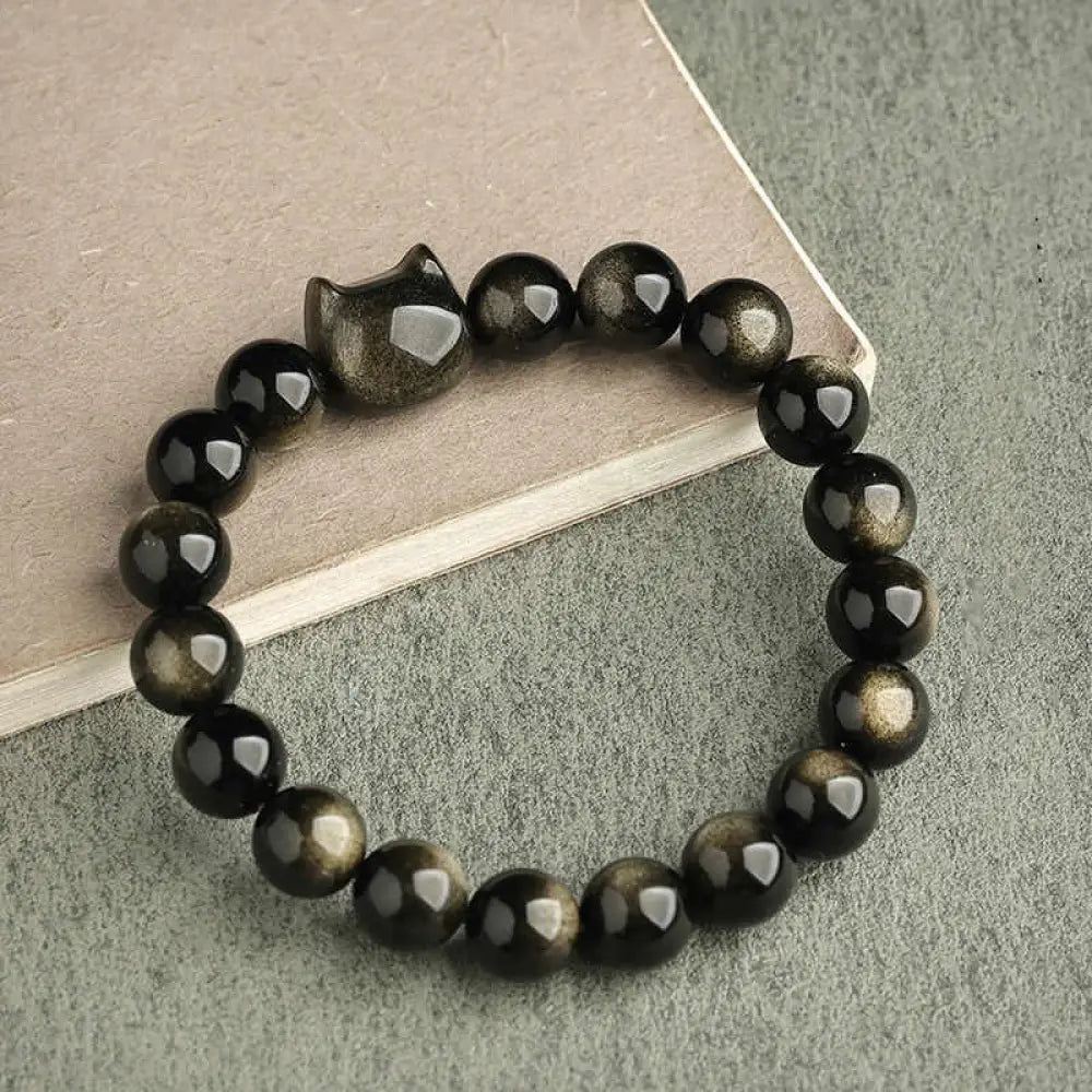 Buddha Stones Gold Sheen Obsidian Silver Sheen Obsidian Lovely Paw Lucky Cat Protection Bracelet - BWOOOH - Gold Sheen