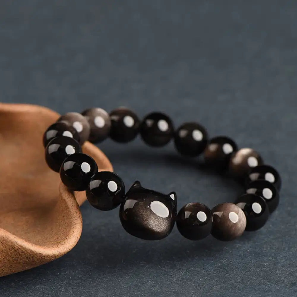 Buddha Stones Gold Sheen Obsidian Silver Sheen Obsidian Lovely Paw Lucky Cat Protection Bracelet - BWOOOH - Silver