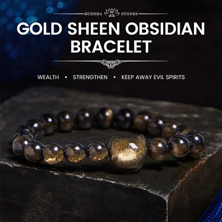 BWOOOH Gold Sheen Obsidian Silver Sheen Obsidian Lovely Paw Lucky Cat Protection Bracelet - BWOOOH - Gold Sheen