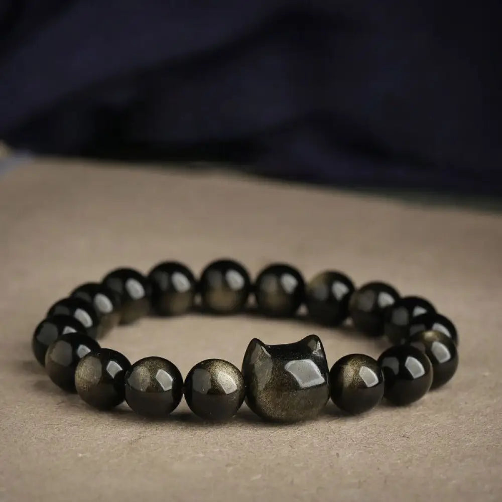Buddha Stones Gold Sheen Obsidian Silver Sheen Obsidian Lovely Paw Lucky Cat Protection Bracelet - BWOOOH - Gold Sheen
