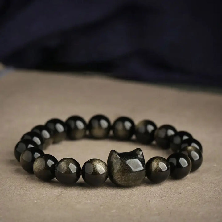 Buddha Stones Gold Sheen Obsidian Silver Sheen Obsidian Lovely Paw Lucky Cat Protection Bracelet - BWOOOH - Gold Sheen