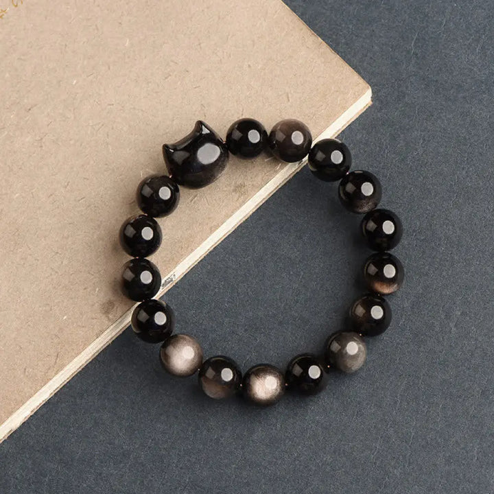 Buddha Stones Gold Sheen Obsidian Silver Sheen Obsidian Lovely Paw Lucky Cat Protection Bracelet - BWOOOH - Silver