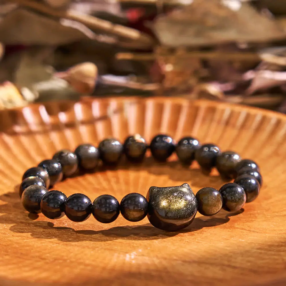 BWOOOH Gold Sheen Obsidian Silver Sheen Obsidian Lovely Paw Lucky Cat Protection Bracelet - BWOOOH - Gold Sheen
