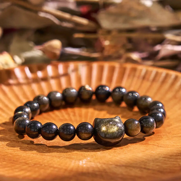 BWOOOH Gold Sheen Obsidian Silver Sheen Obsidian Lovely Paw Lucky Cat Protection Bracelet - BWOOOH - Gold Sheen