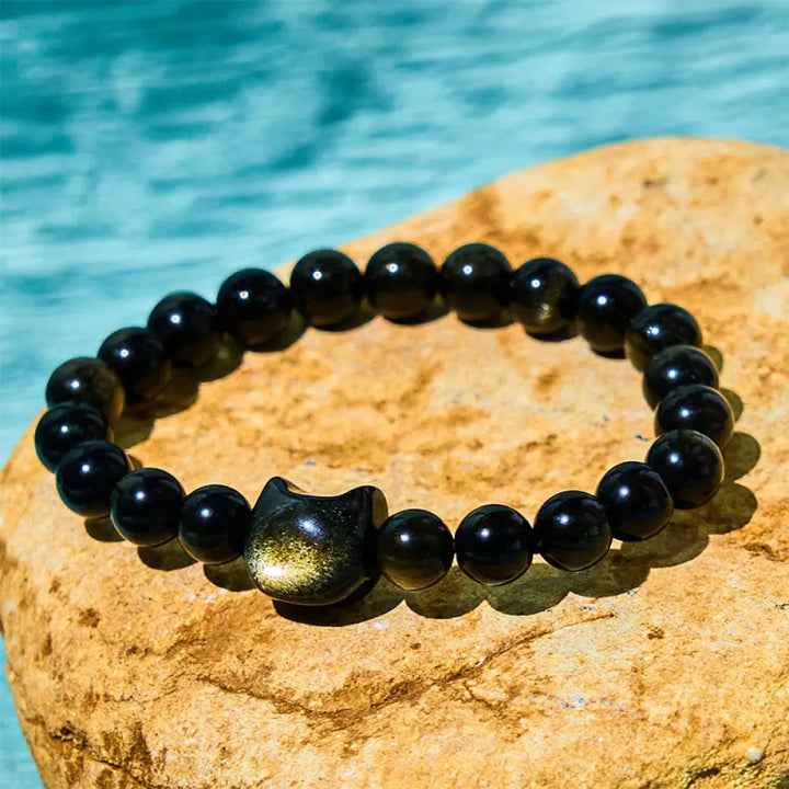 BWOOOH Gold Sheen Obsidian Silver Sheen Obsidian Lovely Paw Lucky Cat Protection Bracelet — Obsidian black obsidian bracel...