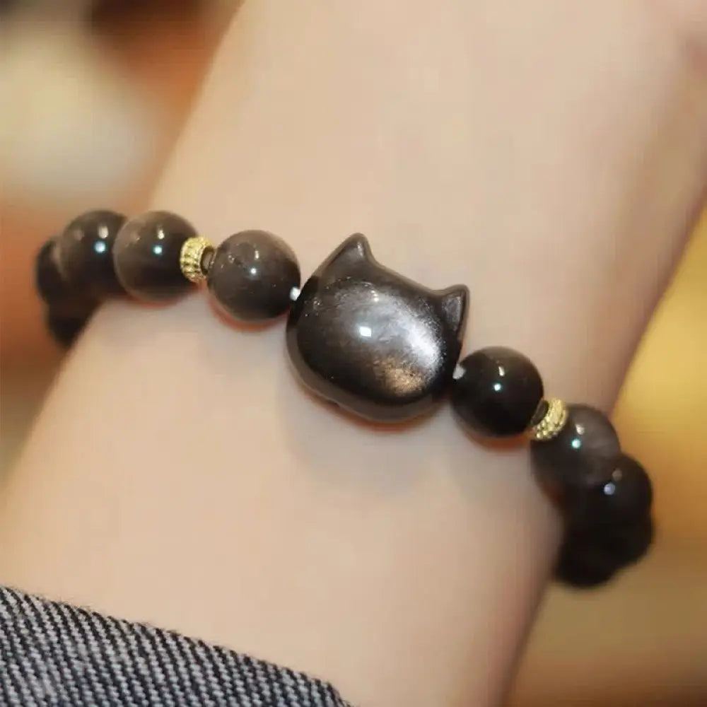 Buddha Stones Gold Sheen Obsidian Silver Sheen Obsidian Lovely Paw Lucky Cat Protection Bracelet - BWOOOH - Silver