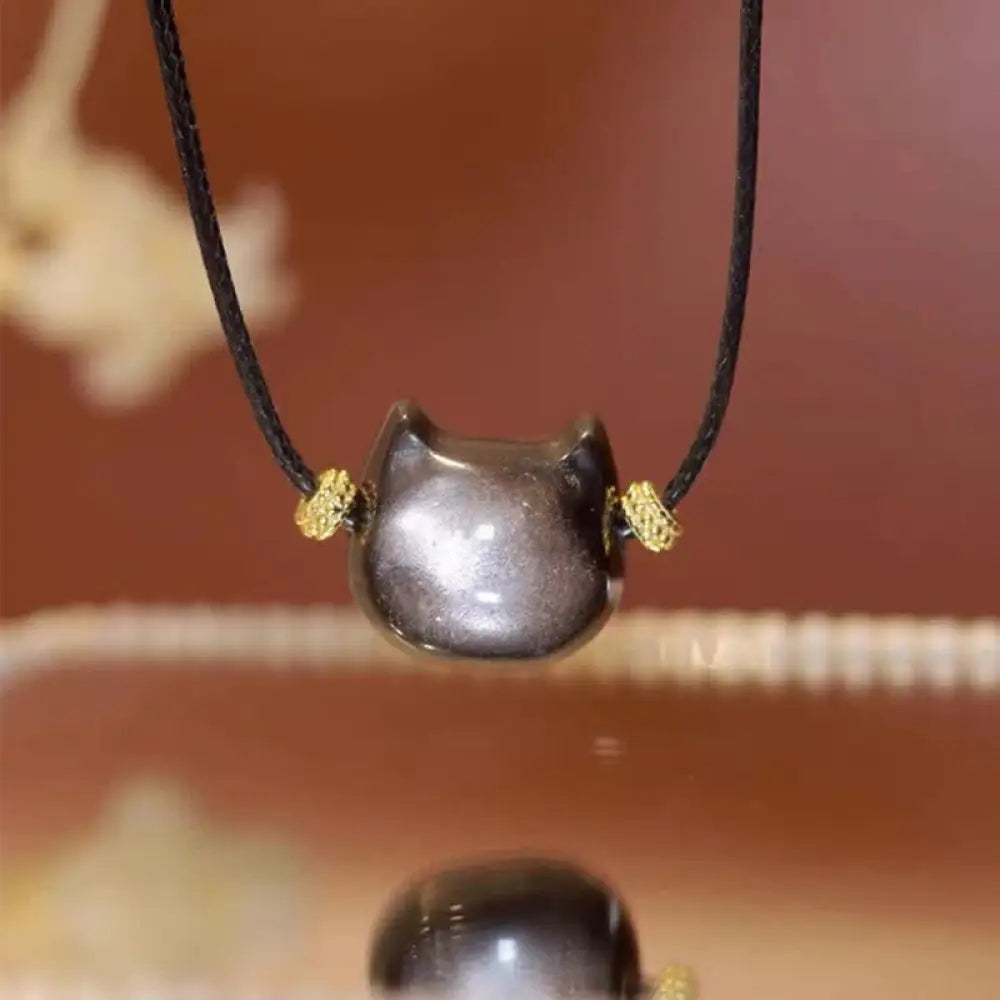 Buddha Stones Gold Sheen Obsidian Silver Sheen Obsidian Lovely Paw Lucky Cat Protection Bracelet - BWOOOH - Silver