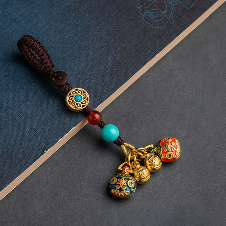 Buddha Stones Gold Swallowing Beast Family Luck Car Key Chain Phone Hanging Decoration - A Family Of Five / Brown / Key