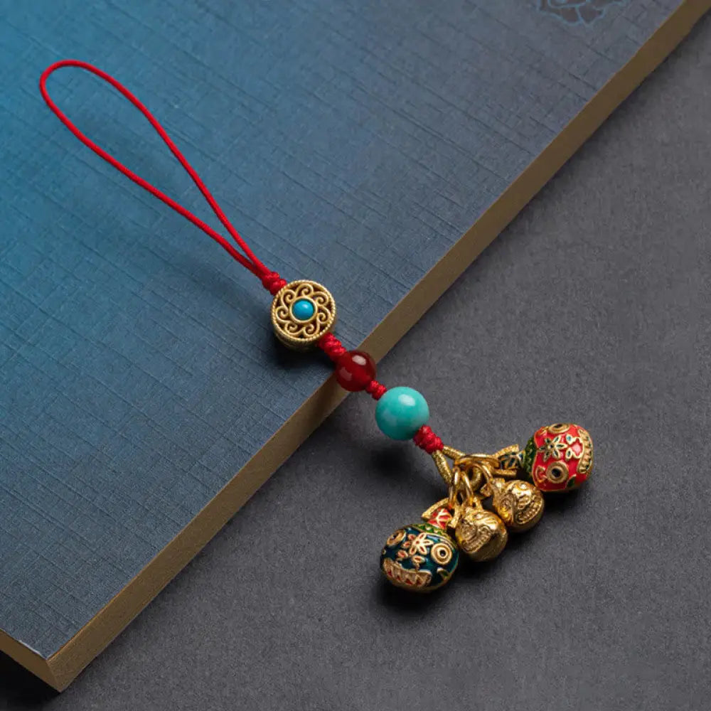 Buddha Stones Gold Swallowing Beast Family Luck Car Key Chain Phone Hanging Decoration - A Family Of Five / Red / Phone