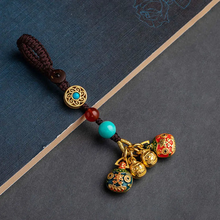 Buddha Stones Gold Swallowing Beast Family Luck Car Key Chain Phone Hanging Decoration - A Family Of Four / Brown / Key