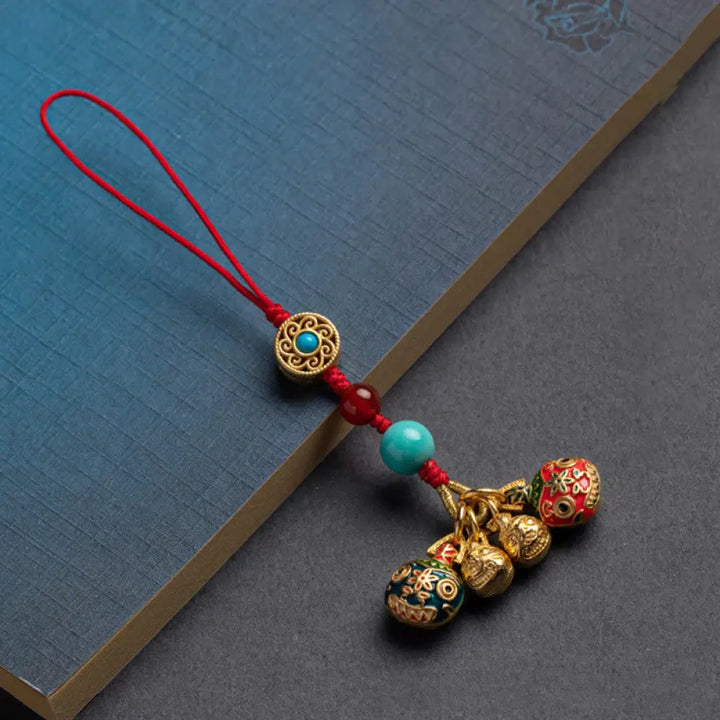 Buddha Stones Gold Swallowing Beast Family Luck Car Key Chain Phone Hanging Decoration - A Family Of Four / Red / Phone