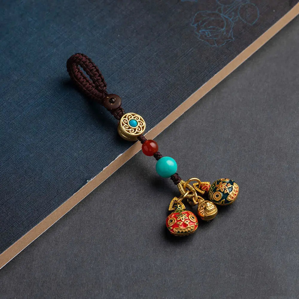 Buddha Stones Gold Swallowing Beast Family Luck Car Key Chain Phone Hanging Decoration - A Family Of Three / Brown