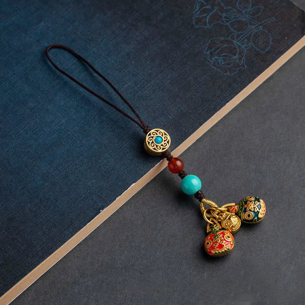 Buddha Stones Gold Swallowing Beast Family Luck Car Key Chain Phone Hanging Decoration - A Family Of Three / Brown