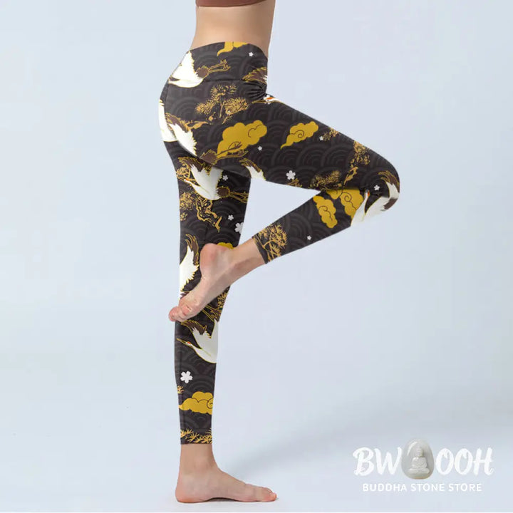 BWOOOH printed yoga leggings - Golden Auspicious Cloud Pine Branch Cran