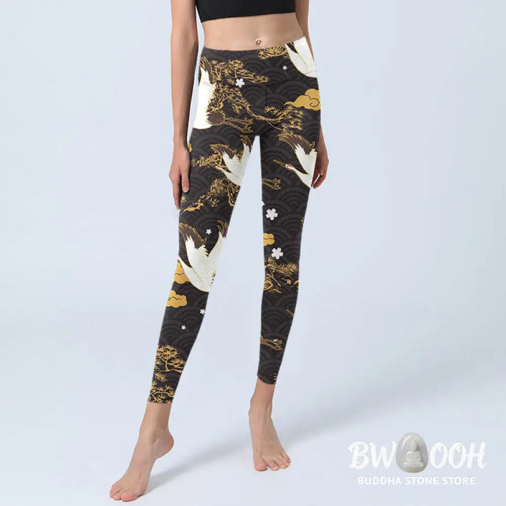 BWOOOH printed yoga leggings - Golden Auspicious Cloud Pine Branch Cran