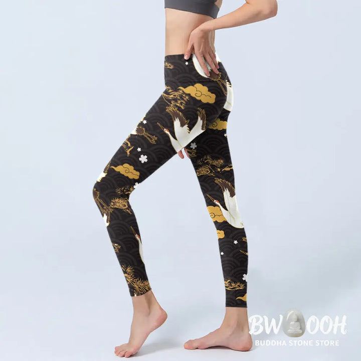 BWOOOH printed yoga leggings - Golden Auspicious Cloud Pine Branch Cran