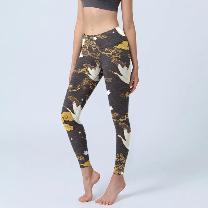 BWOOOH printed yoga leggings - Golden Auspicious Cloud Pine Branch Cran