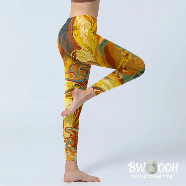 BWOOOH printed yoga leggings - Golden Auspicious Cloud Waves Print Gym 