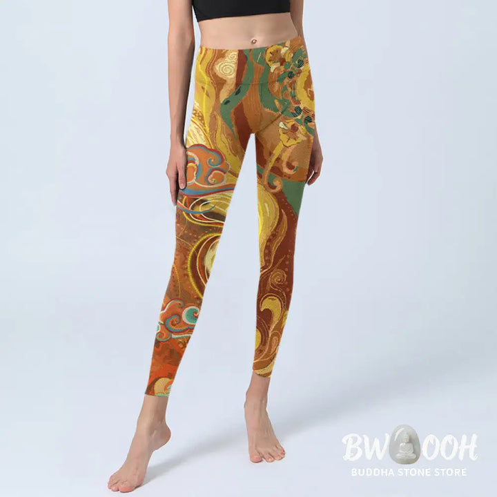 BWOOOH printed yoga leggings - Golden Auspicious Cloud Waves Print Gym 