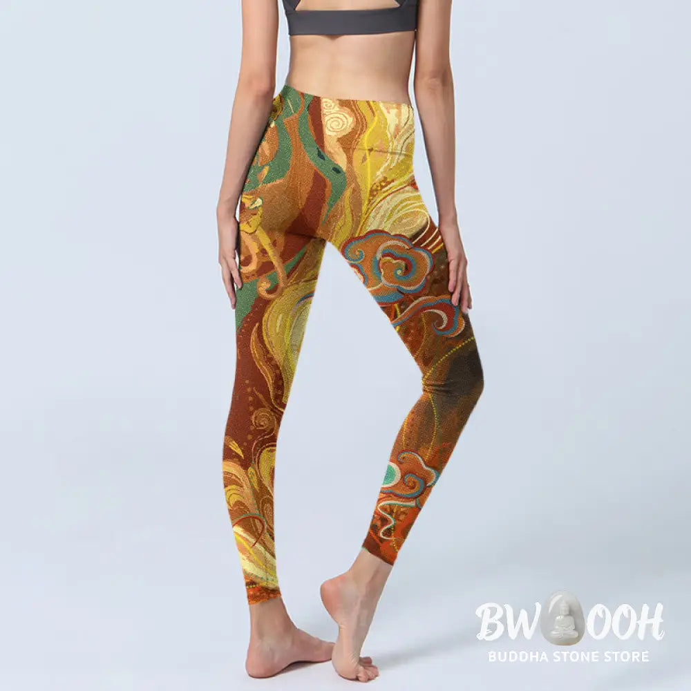 BWOOOH printed yoga leggings - Golden Auspicious Cloud Waves Print Gym 