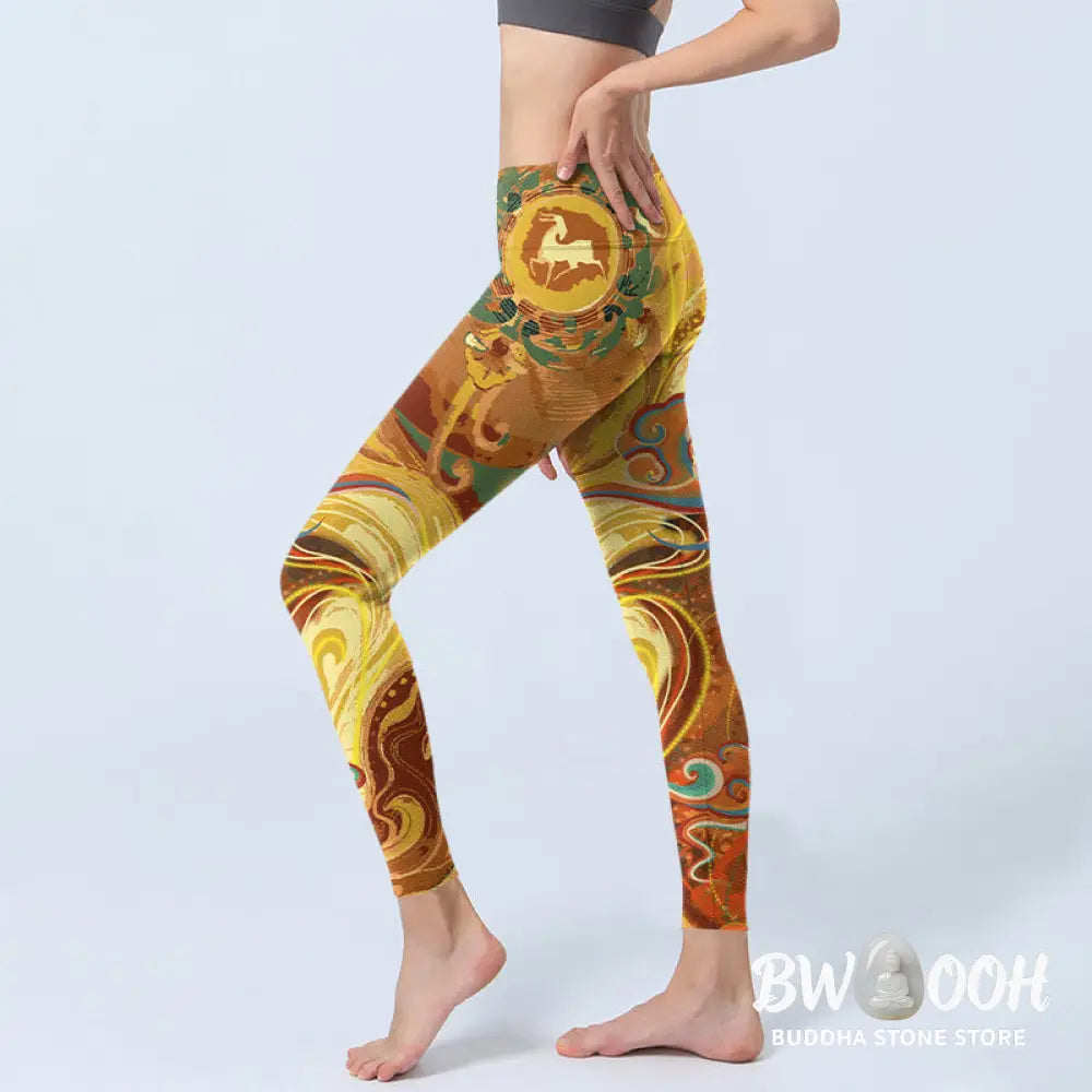 BWOOOH printed yoga leggings - Golden Auspicious Cloud Waves Print Gym 