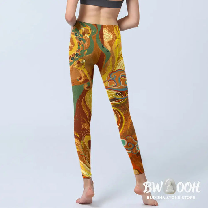 BWOOOH printed yoga leggings - Golden Auspicious Cloud Waves Print Gym 
