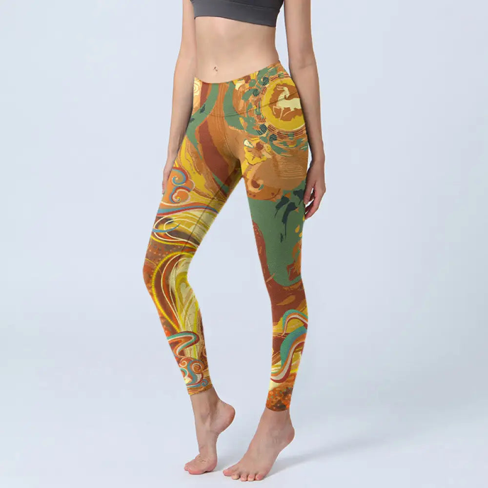 BWOOOH printed yoga leggings - Golden Auspicious Cloud Waves Print Gym 