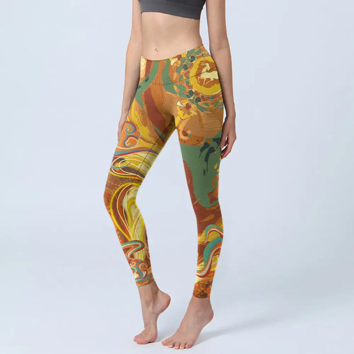 BWOOOH printed yoga leggings - Golden Auspicious Cloud Waves Print Gym 