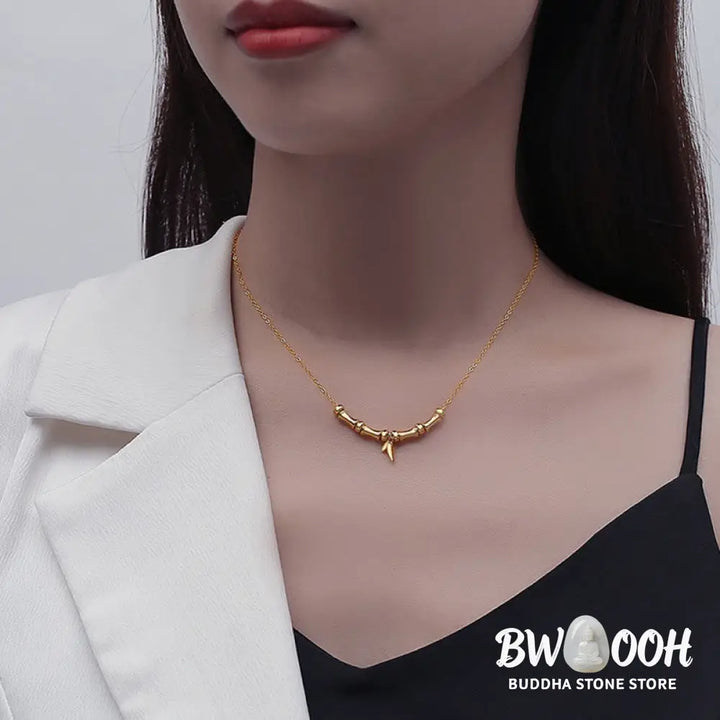 Buddha Stones Golden Bamboo Pattern Titanium Steel Wealth Necklace Pendant - BWOOOH - Gold Bamboo - Necklaces &amp; Pendants