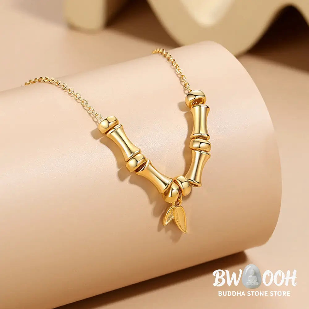 Buddha Stones Golden Bamboo Pattern Titanium Steel Wealth Necklace Pendant - BWOOOH - Gold Bamboo - Necklaces &amp; Pendants