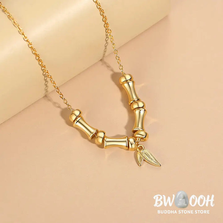 Buddha Stones Golden Bamboo Pattern Titanium Steel Wealth Necklace Pendant - BWOOOH - Gold Bamboo - Necklaces &amp; Pendants