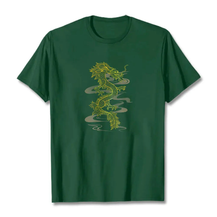 Buddha Stones Golden Dragon Cotton Tee T-shirt - ForestGreen / S - T-Shirts