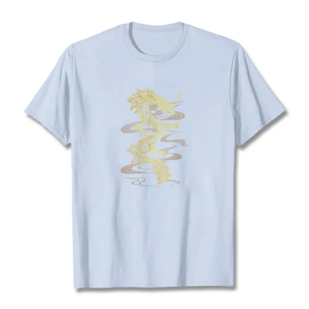 Buddha Stones Golden Dragon Cotton Tee T-shirt - LightCyan / S - T-Shirts