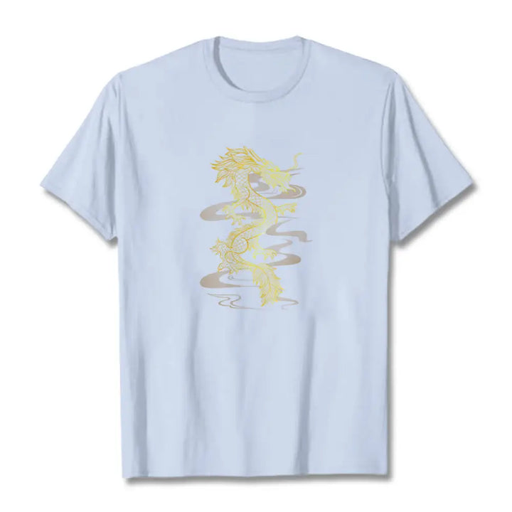 Buddha Stones Golden Dragon Cotton Tee T-shirt - LightCyan / S - T-Shirts