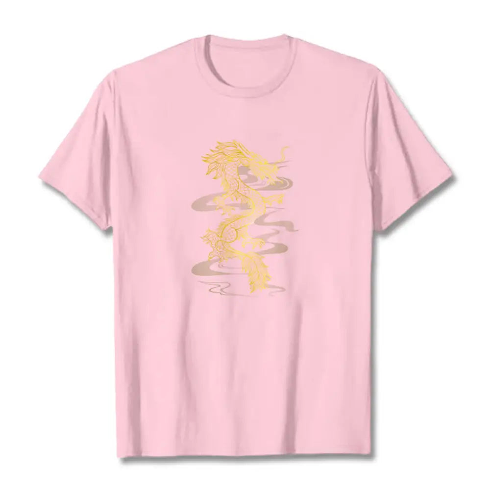 Buddha Stones Golden Dragon Cotton Tee T-shirt - LightPink / S - T-Shirts