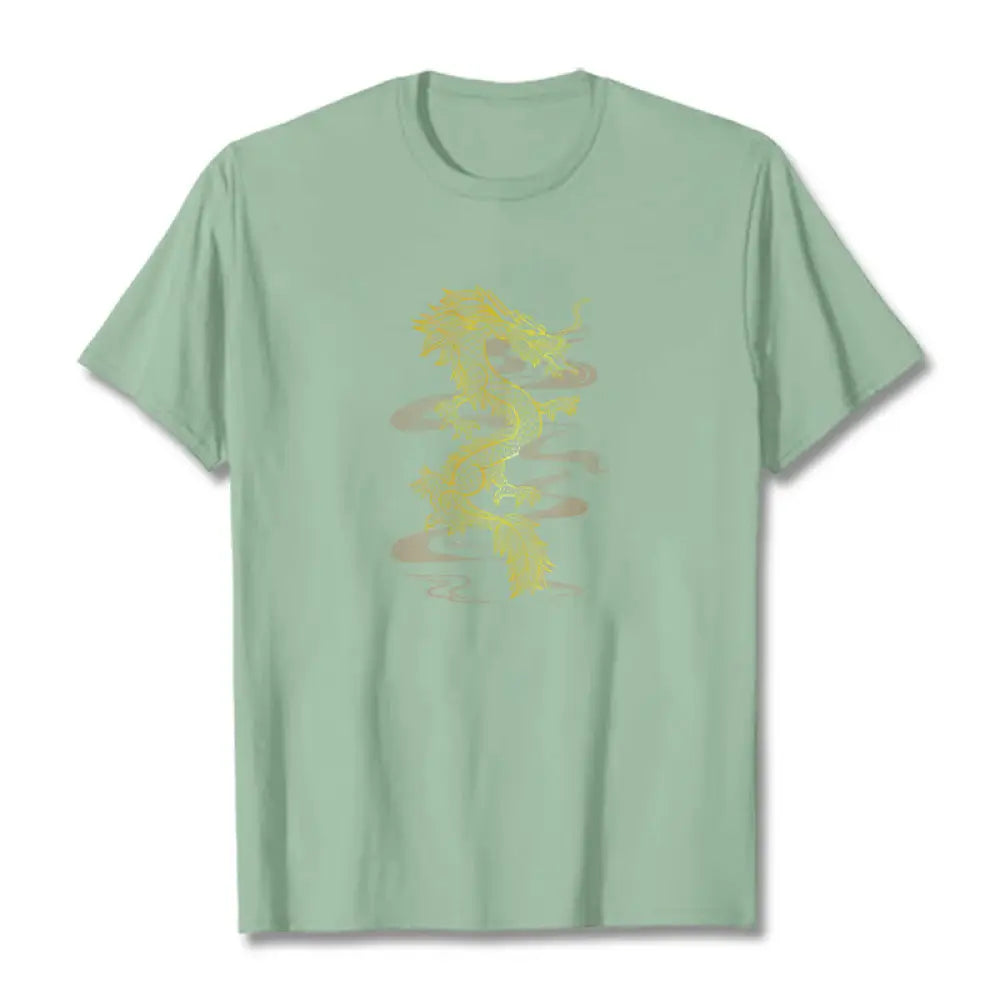 Buddha Stones Golden Dragon Cotton Tee T-shirt - PaleGreen / S - T-Shirts