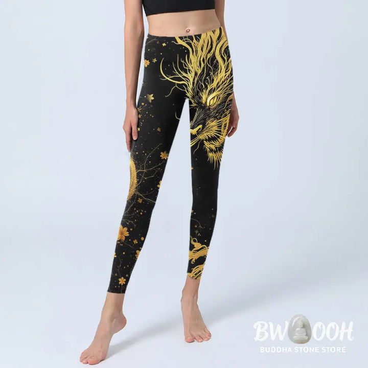 BWOOOH printed yoga leggings - Golden Dragon Pattern Print Gym Leggings
