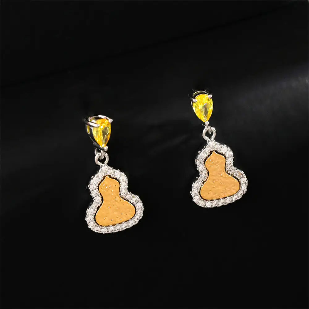 Buddha Stones Golden Gourd Zircon Copper Wealth Stud Earrings - Gourd(925 Sterling Silver Posts) - Earrings