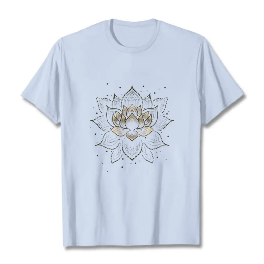 Buddha Stones Golden Lotus Flower Design Tee T-shirt - LightCyan / S - T-Shirts